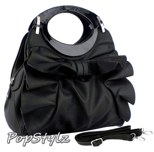 Black Large Bowknot Ruffle Satchel Hobo Handbag
