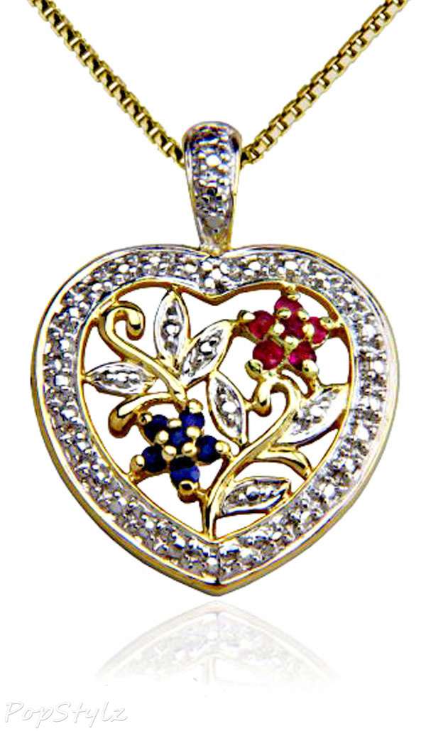 Ruby Sapphire Diamond Flowers Heart Necklace