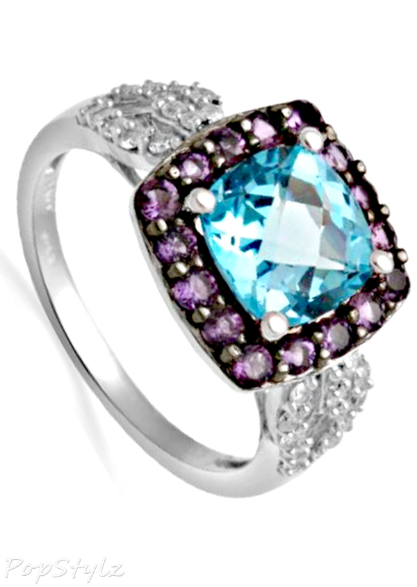 Silver Blue Topaz Amethyst & Diamond Ring