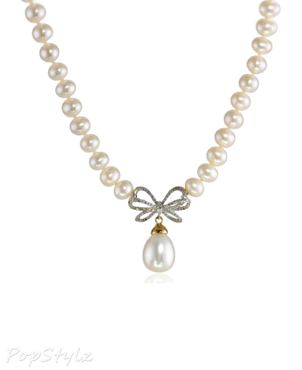 10k Gold Diamond Bow & Pearl Necklace