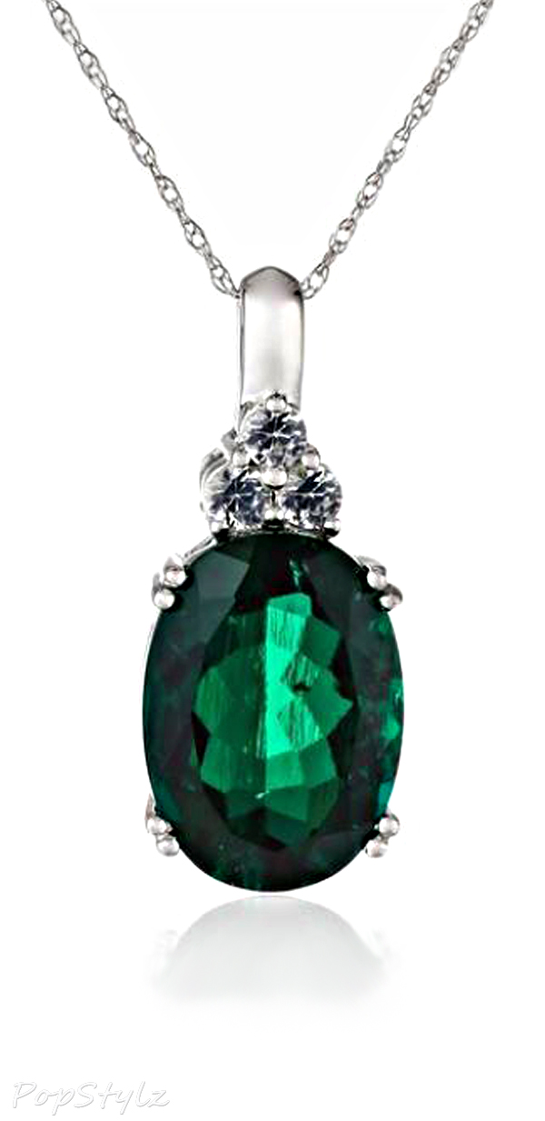 White Gold Oval Emerald Gemstone Necklace