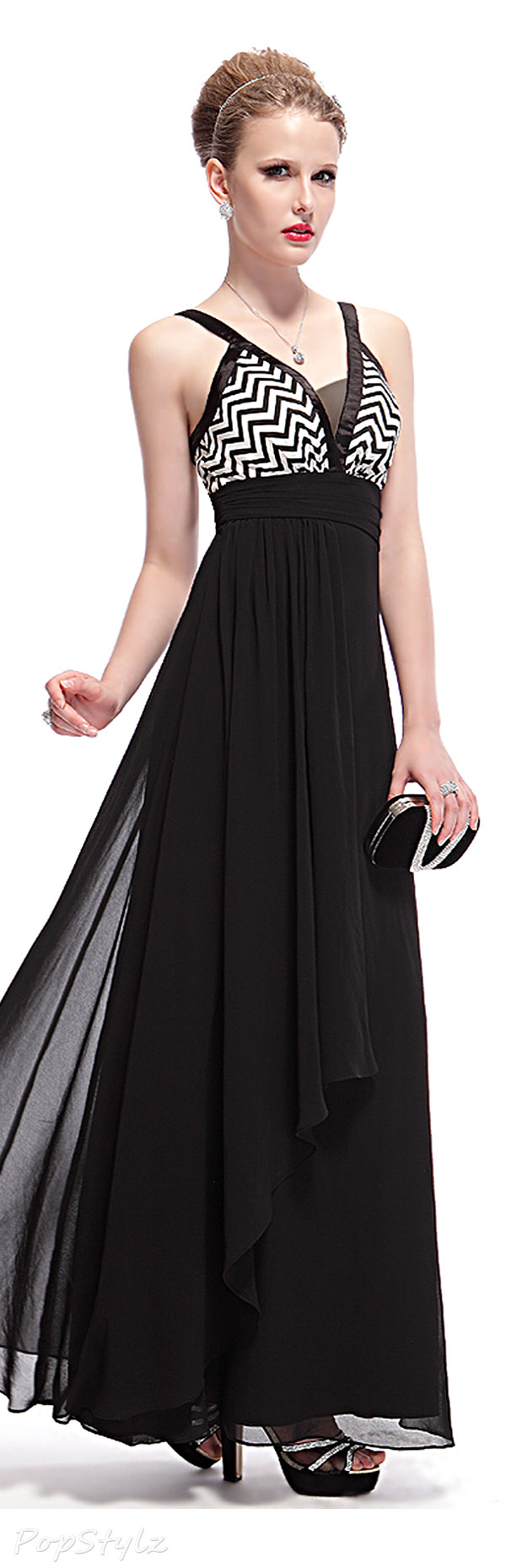 Ever Pretty 08035 Chevron Print Long Black Dress