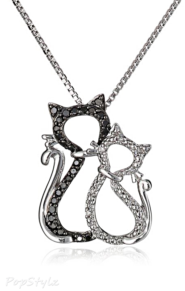Gold Black & White Diamond Cat Couple Pendant Necklace