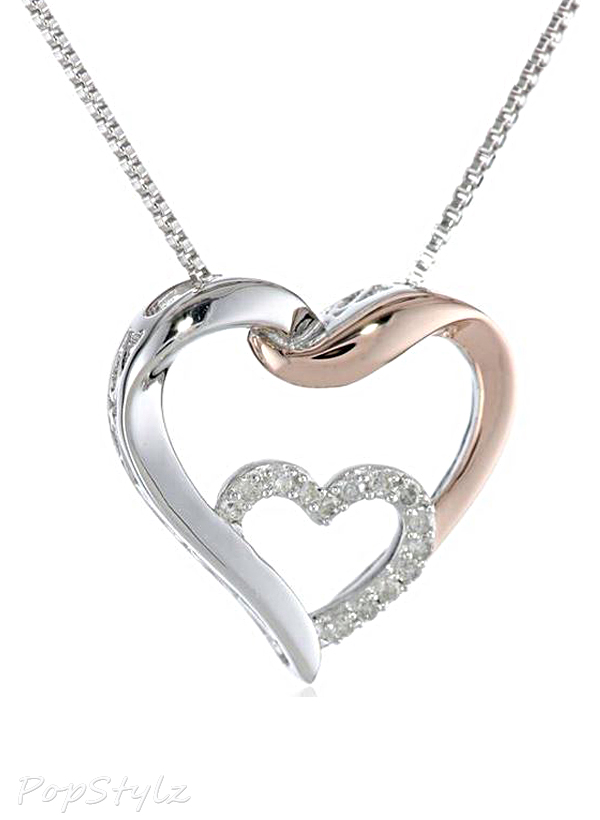 Sterling Silver & 14k Rose Gold Diamond Heart Necklace