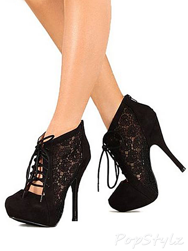 Qupid BB78 Crochet Lace Up Stiletto Bootie