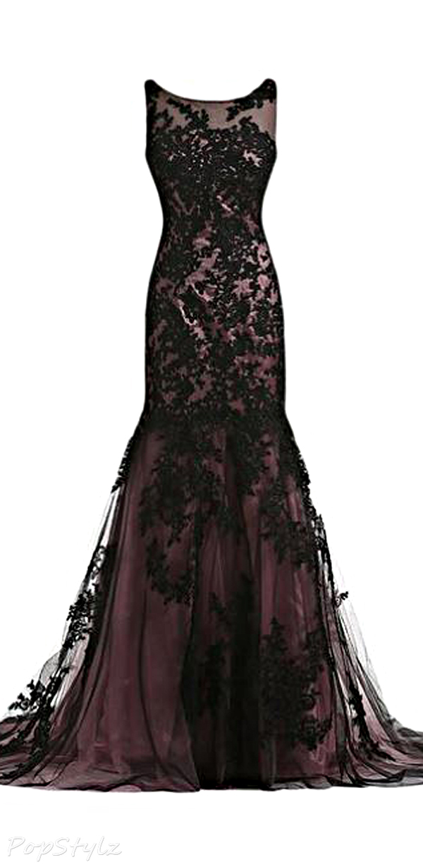 Sunvary Vintage Black Lace Applique Mermaid Dress