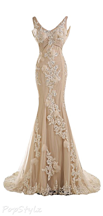 Sunvary Champagne Chiffon & Lace Mermaid Wedding Bride Gown