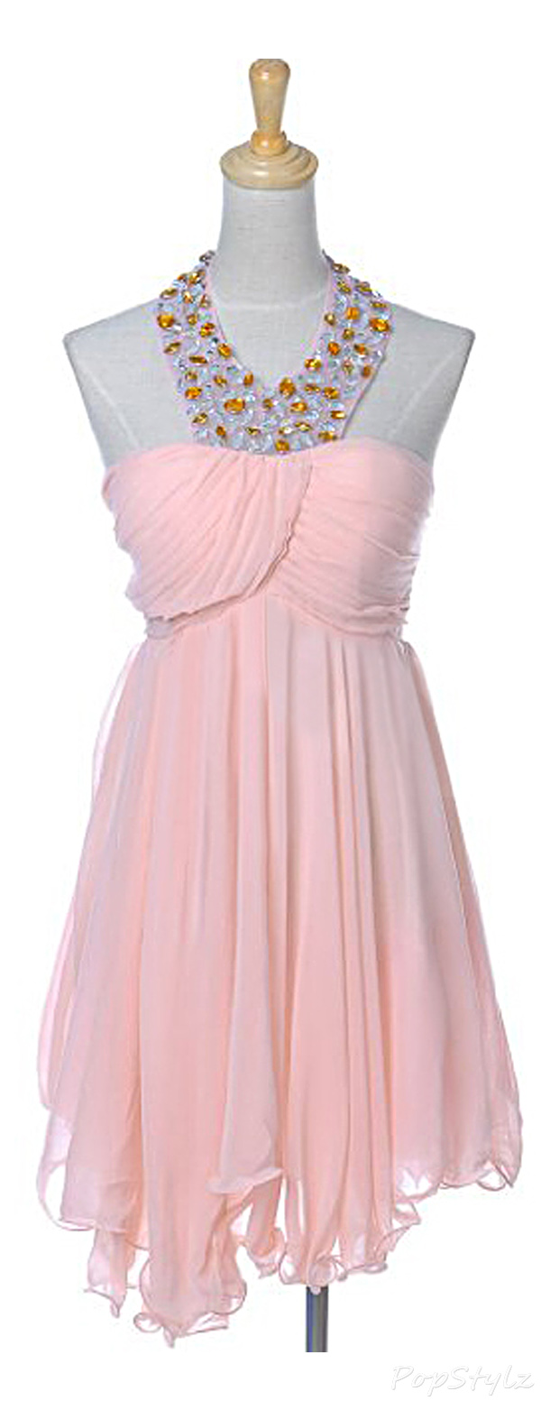 Anna-Kaci Uneven Hem Jewel Bead Embellished Halter Dress