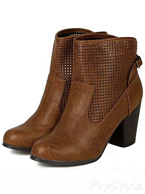 Qupid BD69 Perforated Chunky Heel Riding Ankle Bootie