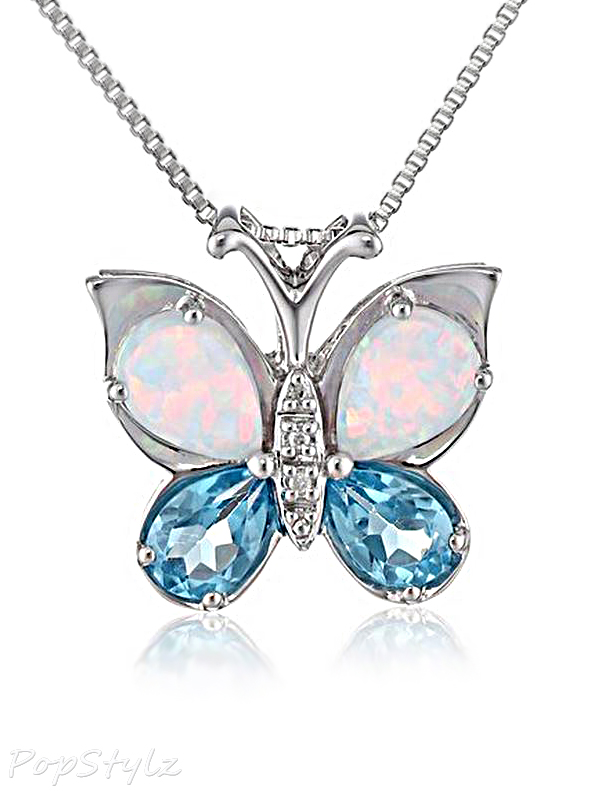 Swiss Blue Topaz & Created Opal Butterfly Necklace
