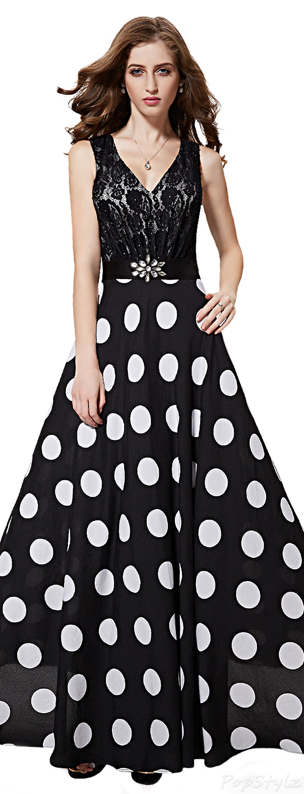 Ever Pretty 08323 V-Neck Black Lace & Polka-Dot Formal Party Dress
