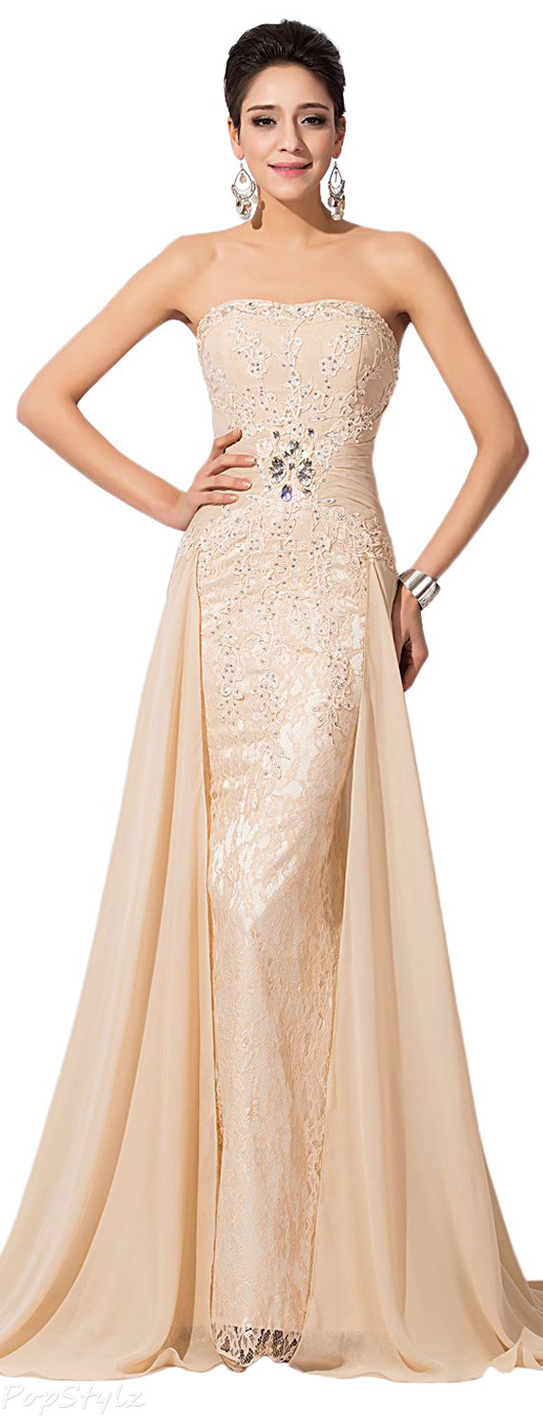 Sunvary Champagne Chiffon & Lace Evening Gown