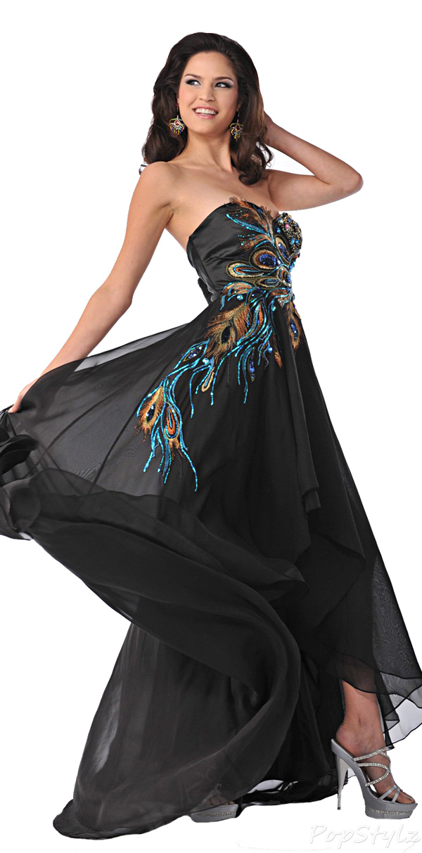 Meier Strapless Peacock Embroidery Evening Gown