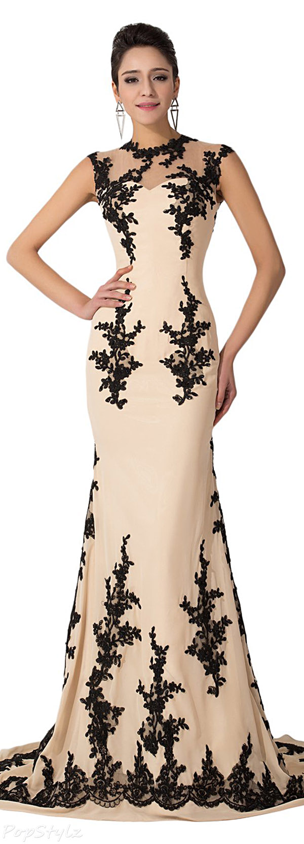 Sunvary Champagne & Black Lace Applique Mermaid Gown