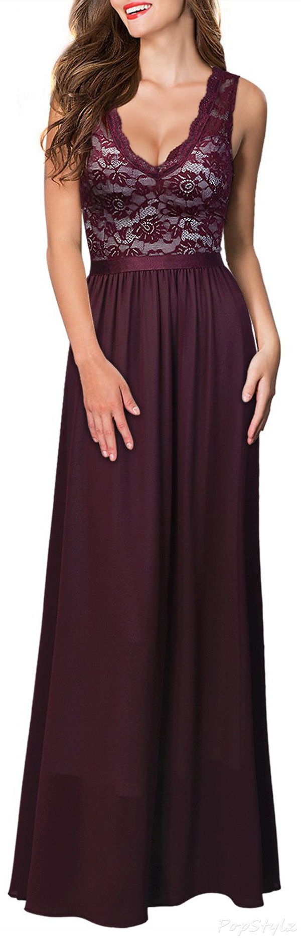 MIUSOL Double V-Neck Lace Top Long Evening Dress