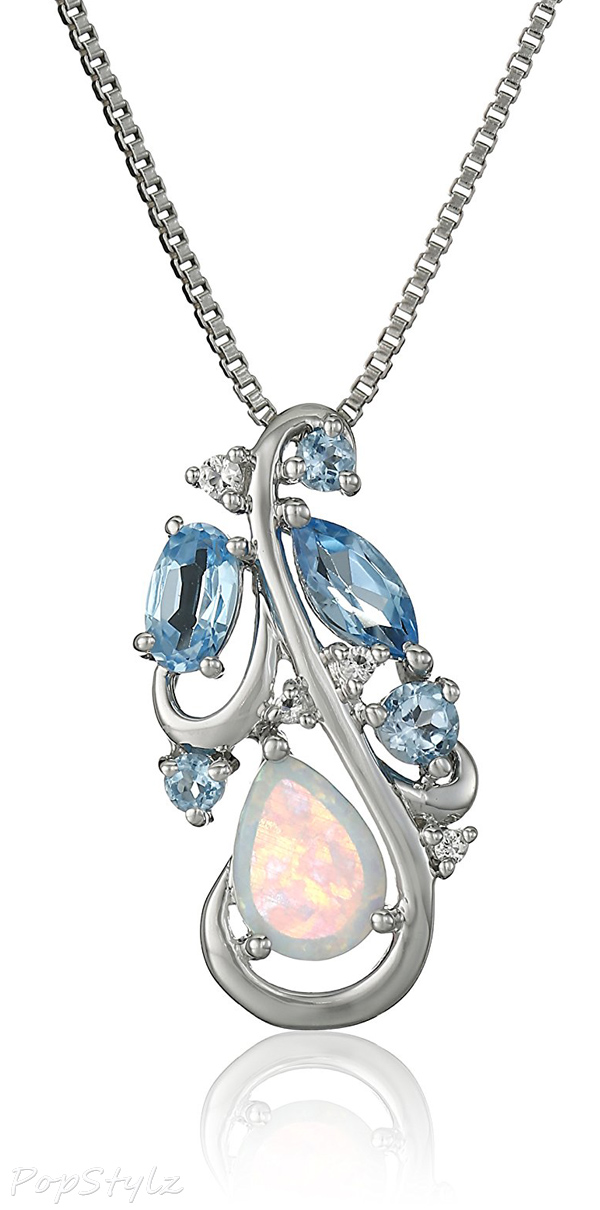Sterling Silver, Created Opal & Blue and White Topaz Necklace
