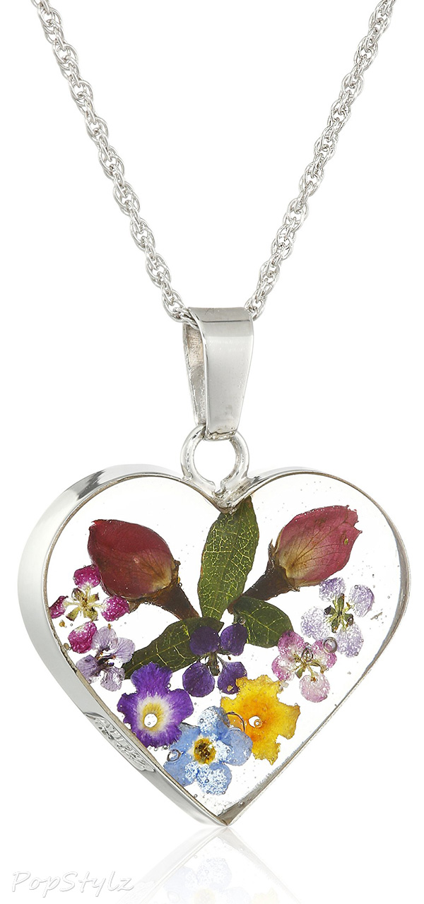Multicolor Pressed Flower Heart Pendant Necklace