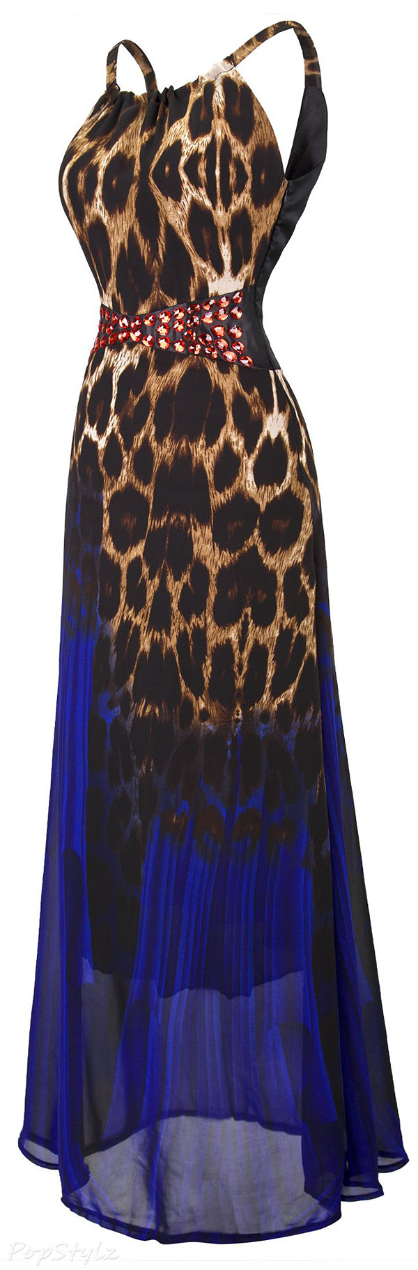 Angel-fashions Rhinestone Leopard Spaghetti Strap Evening Dress