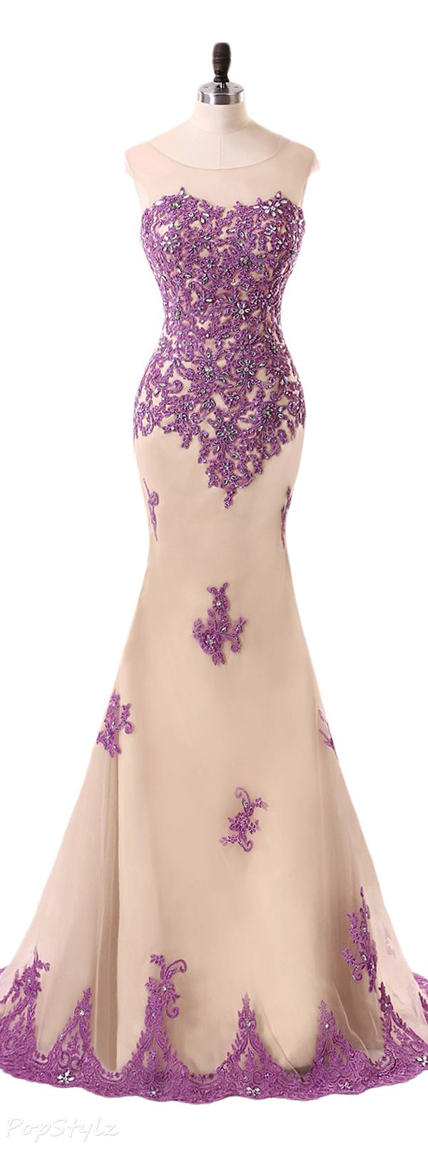 Sunvary Champagne & Purple Lace Mermaid Gown