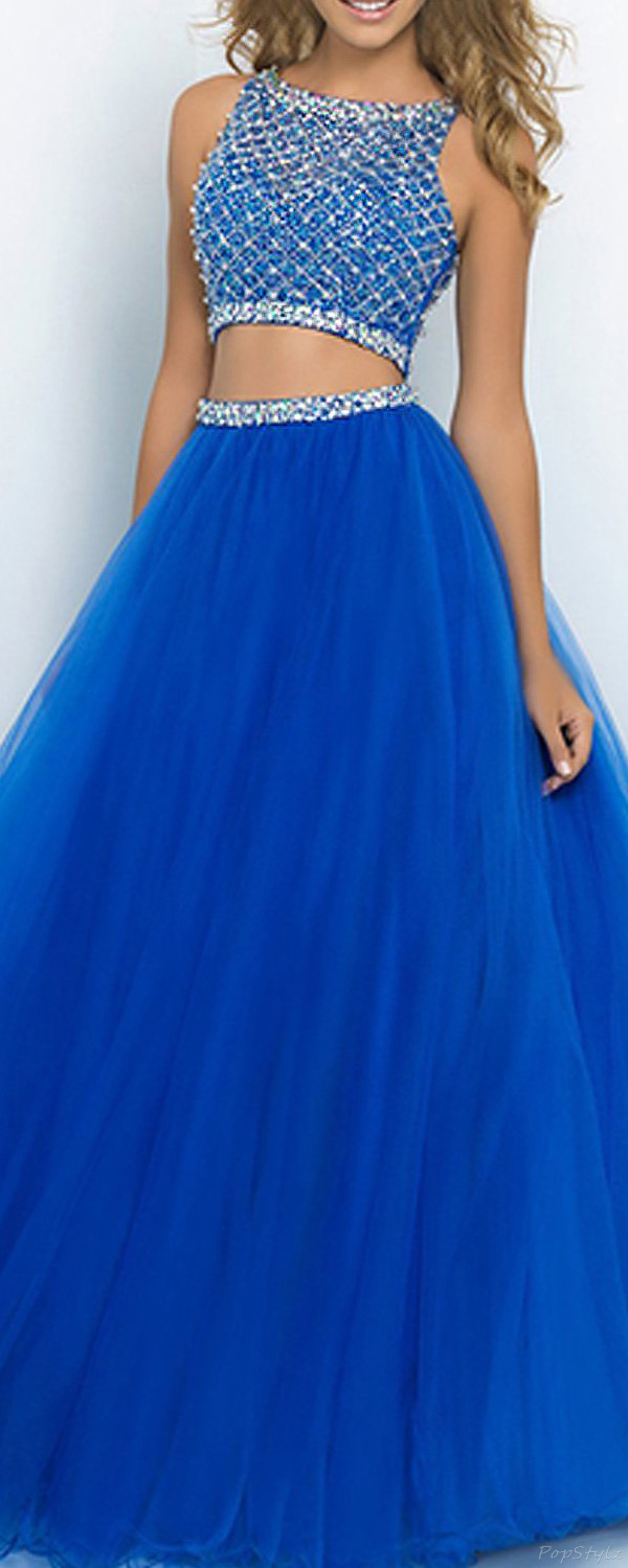 SeasonMall Two Pieces Bateau Beaded Bodice Tulle Dress